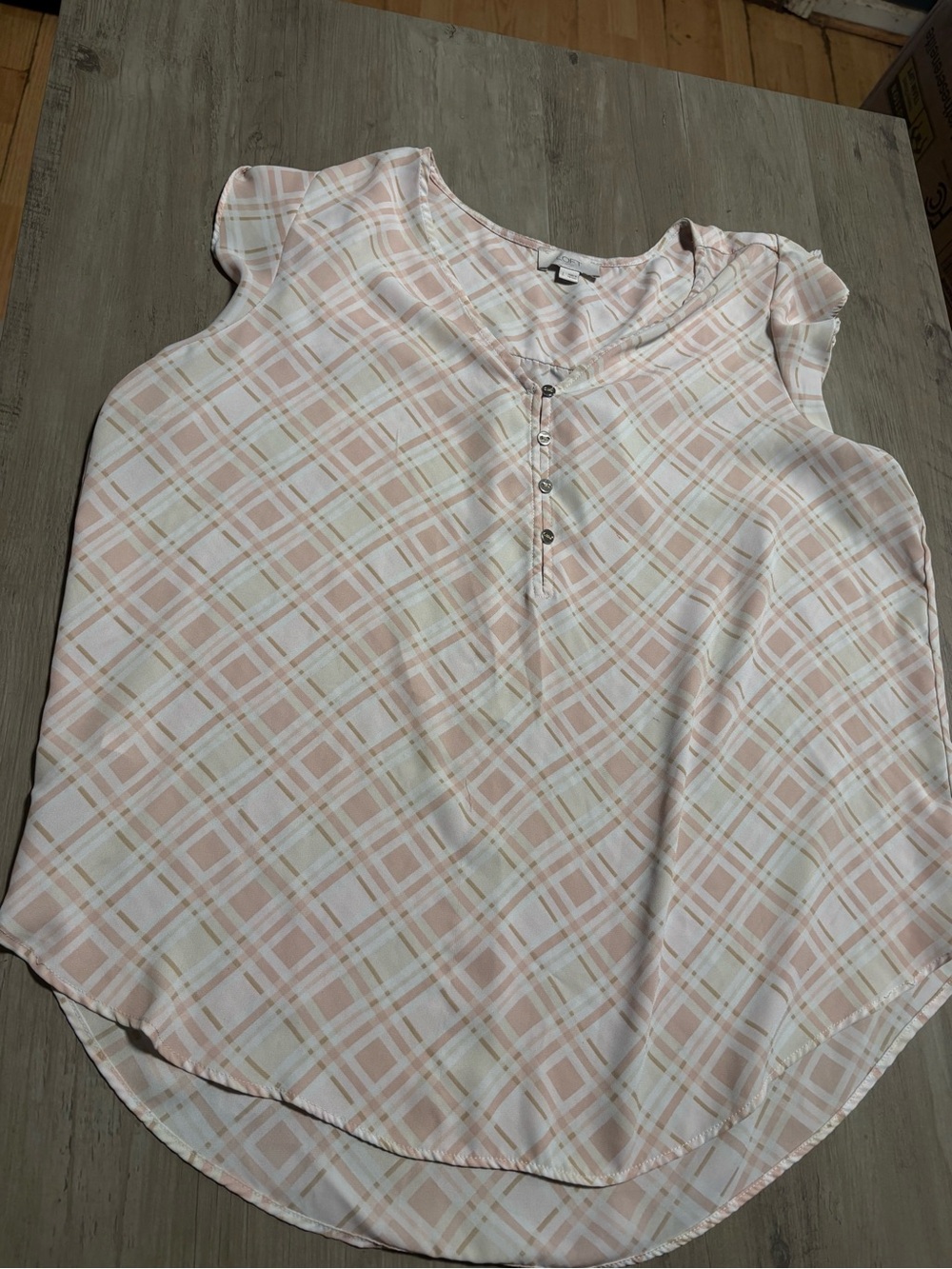LOFT Pink Plaid Cap-Sleeve Henley Blouse L